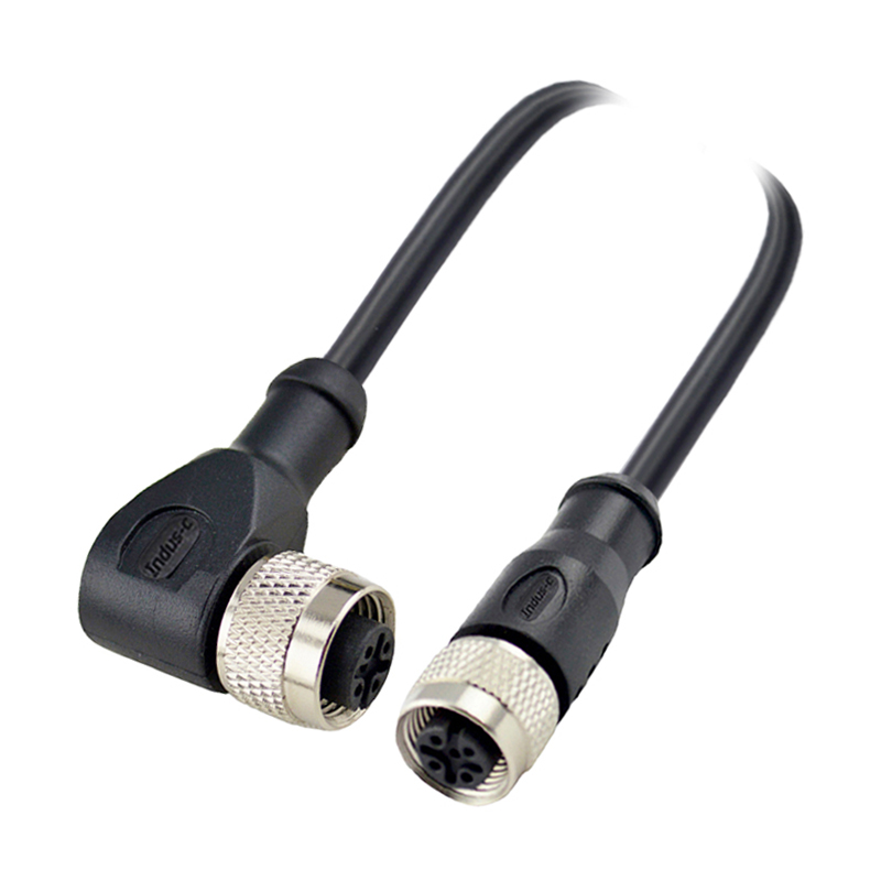 M12 3pins A code female straight to female right angle molded cable,unshielded,PVC,-10°C~+80°C,22AWG 0.34mm²,brass with nickel plated screw